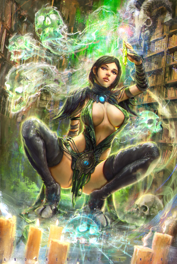 1girl aura black_hair blue_eyes breasts cleavage fantasy female_focus guild_wars_(series) guild_wars_1 hoof_boots large_breasts magic necromancer realistic short_hair skull solo spread_legs squatting witch