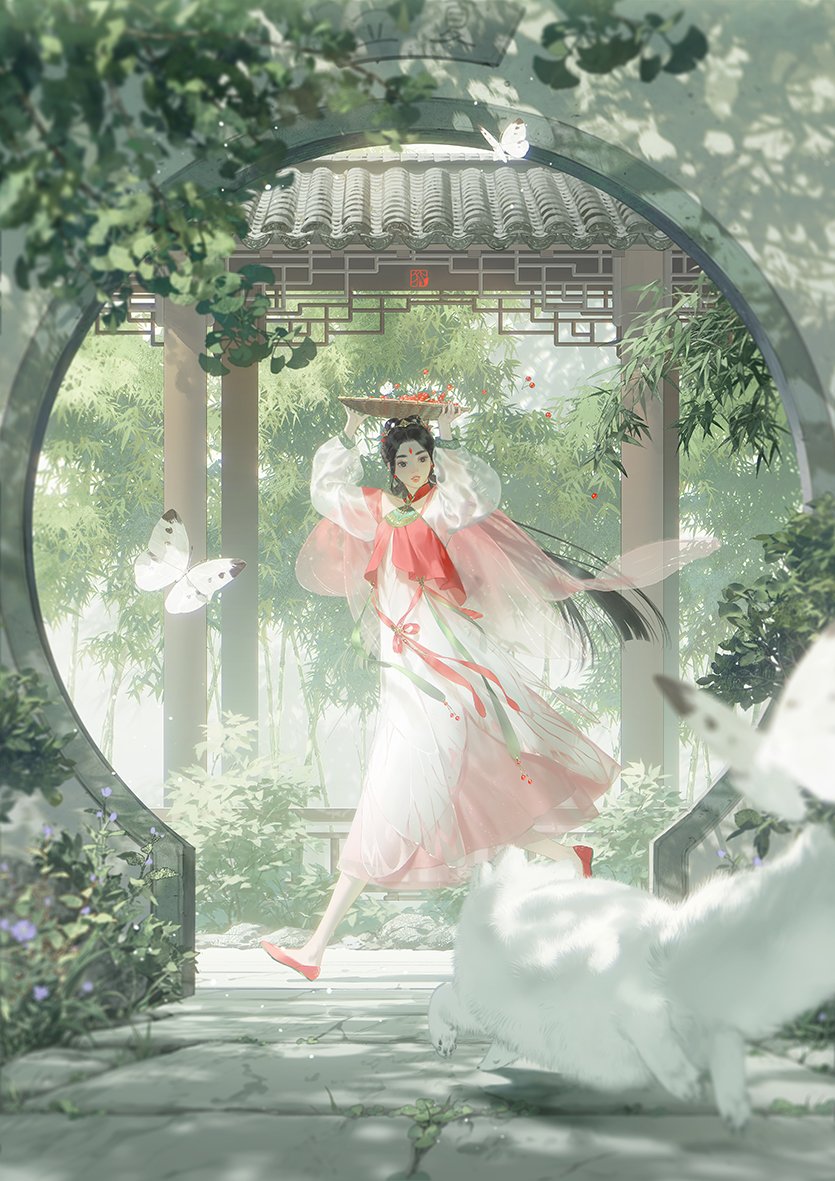 1girl animal architecture arms_up bamboo basket black_hair blurry bug butterfly carrying_overhead cat chinese_clothes crack cracked_floor dappled_sunlight day depth_of_field dress east_asian_architecture facial_mark flats flower forehead_mark hair_ornament hair_rings hanfu insect long_hair long_sleeves moon_gate original outdoors pavement puffy_long_sleeves puffy_sleeves purple_flower red_flower red_footwear see-through_clothes see-through_sleeves smile summer sunlight very_long_hair white_dress zzzi_gn