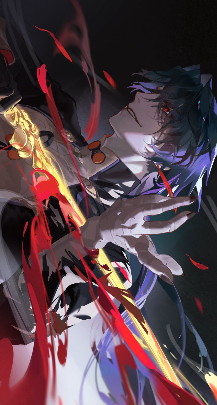 1boy bandaged_hand bandages black_background black_gloves black_hair black_jacket black_nails black_shirt blade_(honkai:_star_rail) blood blood_splatter chinese_clothes crazy_smile dark deciqm from_side gloves gradient_background highres honkai:_star_rail honkai_(series) jacket long_hair long_sleeves male_focus red_eyes self-harm shirt sideways single_glove smile solo v-shaped_eyebrows white_background wrist_cutting