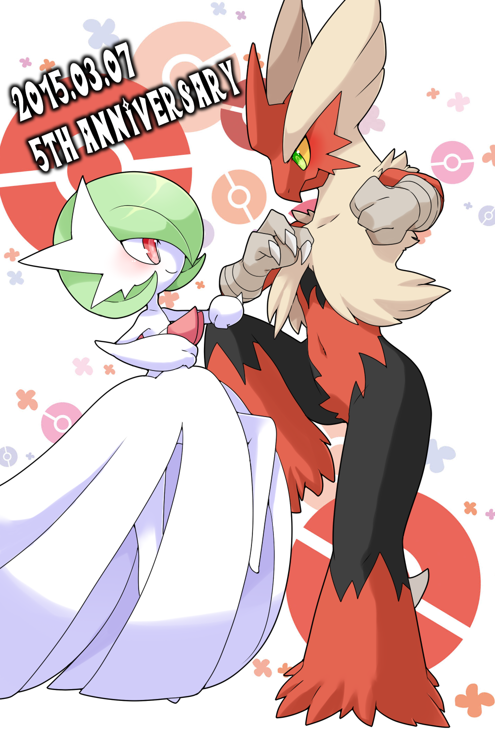 blaziken bob_cut claws colored_sclera dated dress elbow_gloves from_side gardevoir gen_3_pokemon gloves green_hair highres mega_blaziken mega_gardevoir mega_pokemon nintendo no_feet pink_eyes poke_ball_symbol pokemon pokemon_(creature) smile white_dress white_gloves yellow_sclera zakro