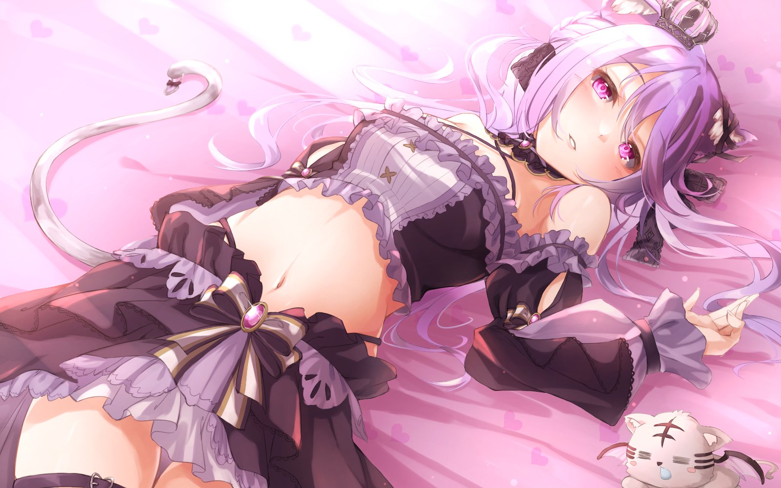 1girl animal_ears black_bow black_collar black_ribbon black_skirt black_sleeves black_tube_top blush bow bow_skirt breasts cat cat_ears cat_girl cat_tail collar commentary_request cowboy_shot criss-cross_halter crown detached_collar detached_sleeves ear_ribbon frilled_tube_top frills fuyuno_taka hair_between_eyes hair_bow halterneck highres ina_uruu long_hair looking_at_viewer lying medium_breasts midriff mini_crown nanashi_inc. navel on_back parted_lips pink_eyes purple_hair ribbon skirt smile solo strapless tail thigh_strap tube_top two-tone_bow virtual_youtuber white_bow