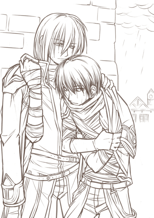 2boys assassin_(ragnarok_online) bandages building chinese_commentary closed_mouth cloud cod.h commentary_request cowboy_shot fingerless_gloves gloves greyscale high_priest_(ragnarok_online) male_focus monochrome multiple_boys outdoors overcast ragnarok_online rain shared_clothes shared_coat shirt short_hair sky smile yaoi