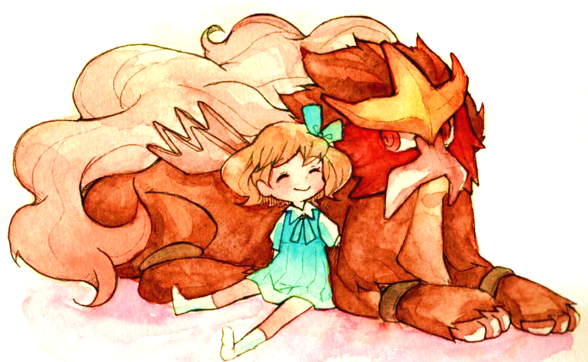 1girl 1other :&gt; blue_dress bow brown_hair closed_eyes dress entei gen_2_pokemon hair_bow happy legendary_pokemon looking_at_another mitarasi-1517 molly_hale nintendo pokemon pokemon_(anime) pokemon_(classic_anime) pokemon_3:_the_movie_-_spell_of_the_unown:_entei red_eyes sitting watermark