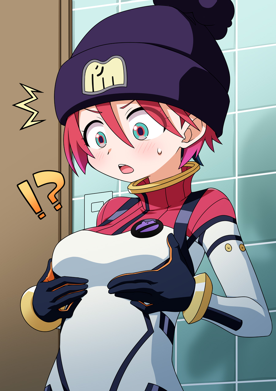 !? 1girl akou_roushi amate_yuzuriha aqua_eyes beanie blush bodysuit breast_conscious breasts eyes_visible_through_hair grabbing_own_breast gundam gundam_gquuuuuux hair_between_eyes hat highres mecha_pilot_suit medium_breasts open_mouth red_hair short_hair solo sweatdrop tile_wall tiles