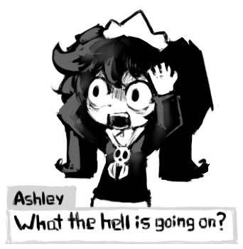 1girl ashley_(warioware) black_shirt brooch character_name child commentary cowboy_shot dialogue_box english_text greyscale hands_on_own_head inawon jewelry long_hair long_sleeves lowres meme monochrome neckerchief nintendo open_mouth profanity shirt simple_background skull_brooch solo symbol-only_commentary teeth tiara twintails warioware yiik:_a_postmodern_rpg yiiking_out_(meme)