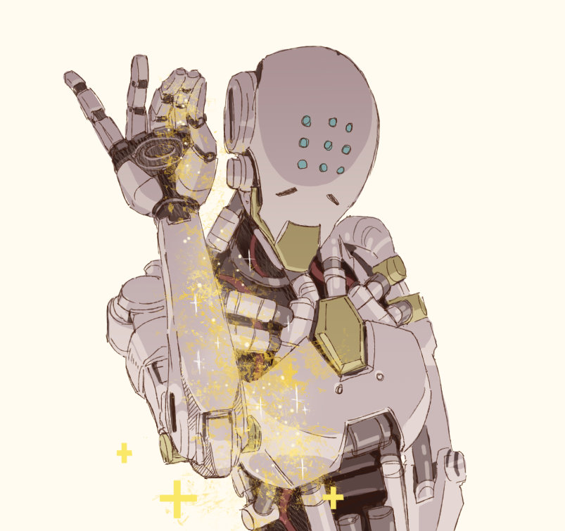 1boy arm_up cross hamau healing humanoid_robot looking_down male_focus meme overwatch overwatch_1 robot salt_bae_(meme) simple_background solo sparkle upper_body white_background zenyatta_(overwatch)
