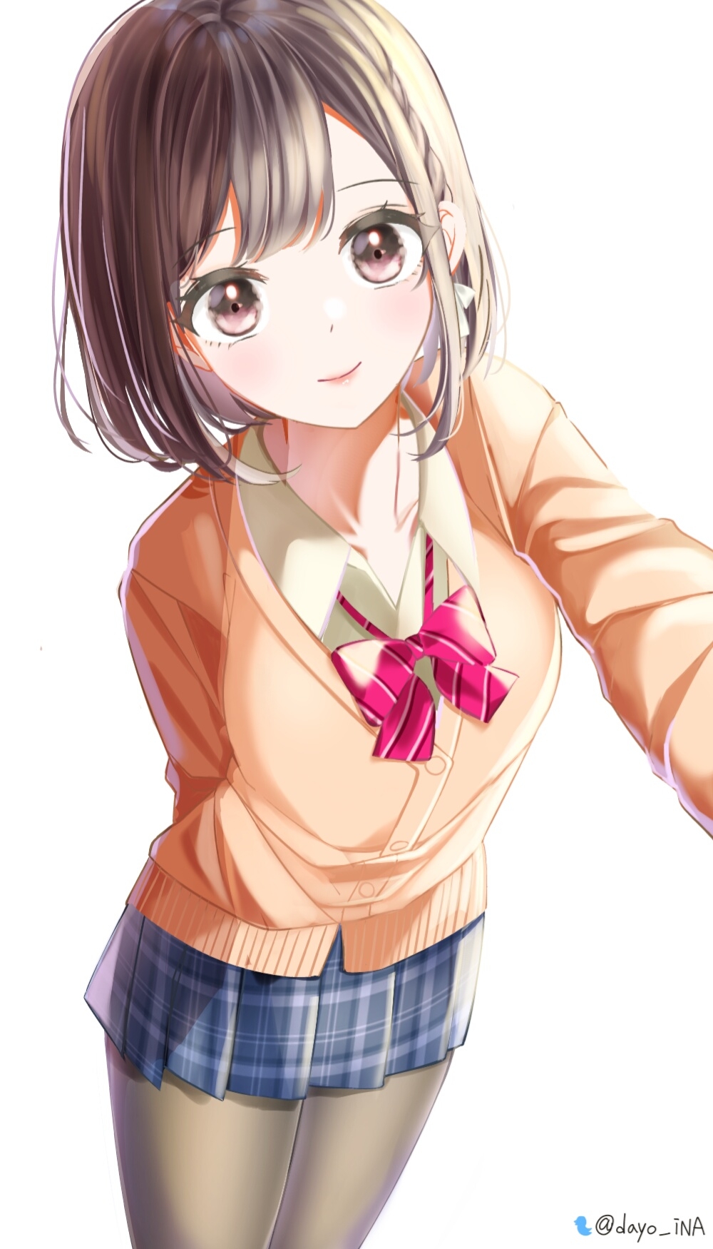 1girl 25-ji_nightcord_de._(project_sekai) arm_behind_back black_pantyhose blue_skirt blush bow bowtie breasts brown_cardigan brown_eyes brown_hair cardigan closed_mouth collarbone collared_shirt highres ina_ina long_sleeves looking_at_viewer pantyhose plaid_clothes plaid_skirt pleated_skirt project_sekai school_uniform selfie shinonome_ena shirt short_hair simple_background skirt smile solo twitter_username white_background white_shirt