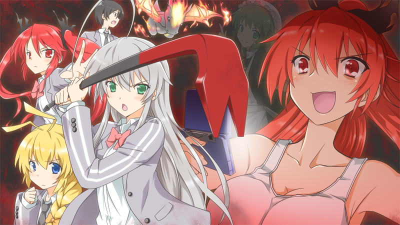 2boys 4girls ahoge antenna_hair black_hair blonde_hair blue_eyes bonnet bow braid crowbar cthugha_(nyaruko-san) cuune_(nyaruko-san) green_eyes green_hair antenna_hair hair_ribbon haiyore!_nyaruko-san handheld_game_console hastur_(nyaruko-san) holding holding_crowbar long_hair multiple_boys multiple_girls nintendo_3ds nyarlathotep_(nyaruko-san) open_mouth ponytail red_eyes red_hair ribbon school_uniform shantak_(nyaruko-san) silver_hair single_braid smile tank_top tekeli twintails wings yasaka_mahiro yuto_(dialique)