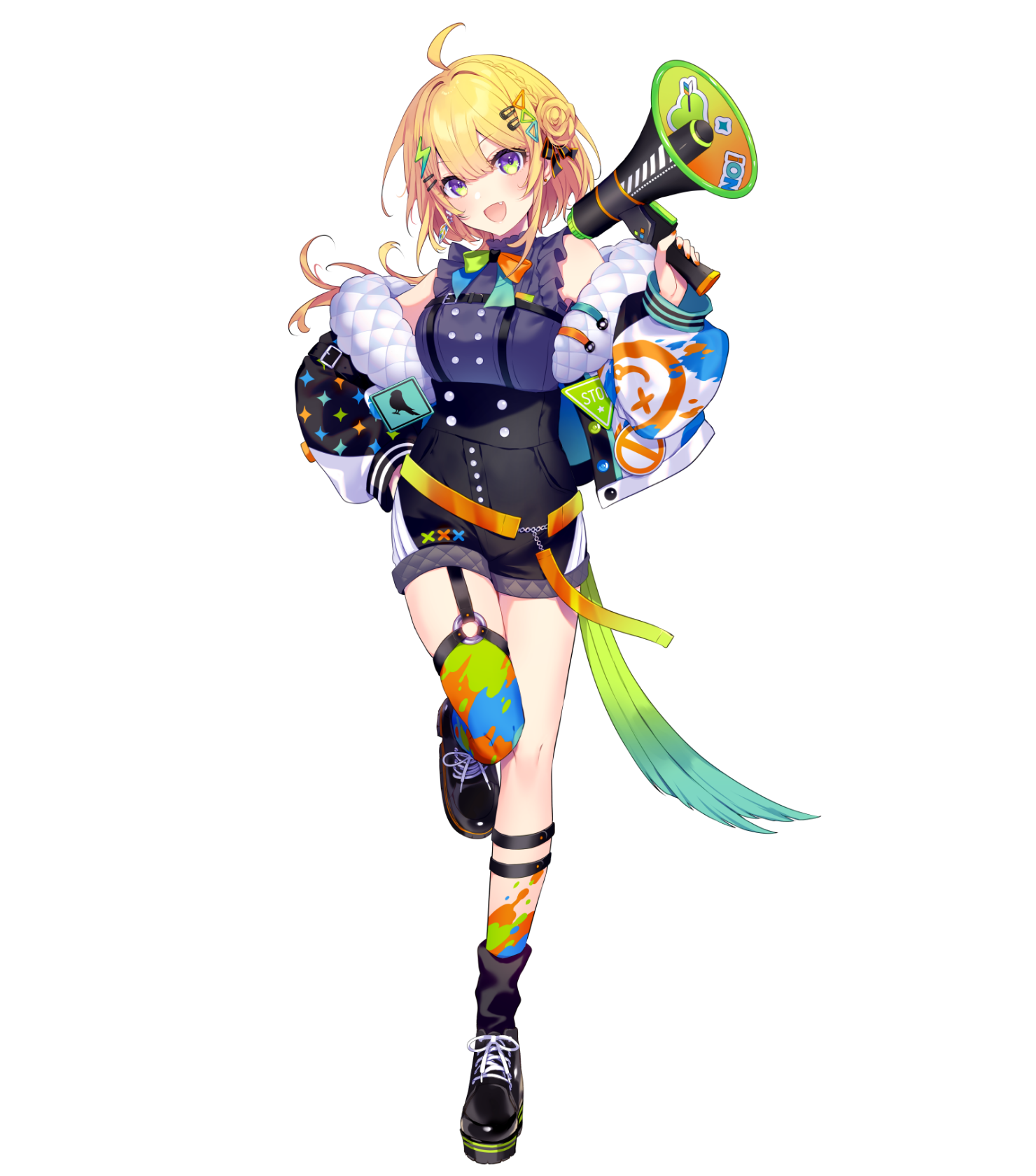 1girl :d ahoge arm_belt armpits bare_shoulders belt black_belt black_garter_straps black_jacket black_ribbon black_shoes black_shorts black_socks blonde_hair blush bow bowtie braid breasts chest_harness cross-laced_footwear crown_braid double-parted_bangs earrings fang feather_earrings feathers fingernails floating_earring frilled_shirt frills full_body garter_straps green_eyes hair_between_eyes hair_bun hair_intakes hair_ornament hair_ribbon hairclip hand_on_own_hip hand_up harness head_tilt high-waist_shorts highres holding holding_megaphone jacket jewelry kozuya_nano leg_up lightning_bolt lightning_bolt_hair_ornament lightning_bolt_symbol long_hair long_sleeves looking_at_viewer loose_socks medium_breasts megaphone multicolored_bow multicolored_bowtie multicolored_eyes multicolored_jacket multicolored_thighhighs nail_polish no_entry_sign off_shoulder official_art open_clothes open_jacket open_mouth orange_belt orange_nails puffy_long_sleeves puffy_sleeves purple_eyes purple_shirt quilted_jacket ribbon road_sign saine shin_strap shirt shirt_tucked_in shoes short_shorts shorts sidelocks sign simple_background single_garter_strap single_side_bun single_sock single_thighhigh sleeveless sleeveless_shirt smile socks solo specialite_(company) standing standing_on_one_leg stop_sign stud_earrings thick_eyelashes thighhighs transparent_background triangle_hair_ornament v-shaped_eyebrows virtual_youtuber white_jacket
