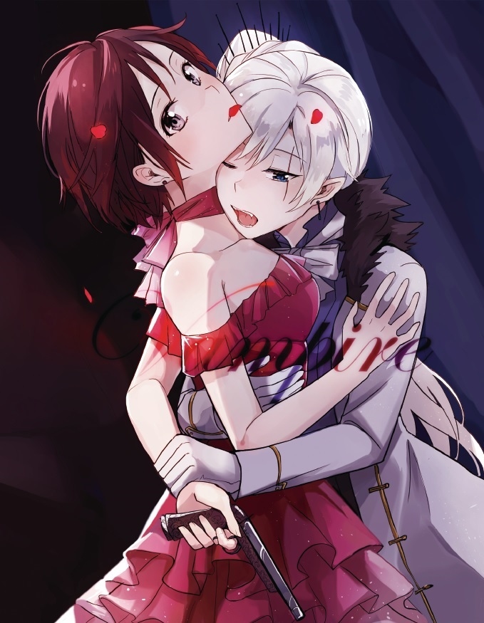 2girls blue_eyes dress earrings english_text fangs finger_on_trigger frilled_dress frills grey_eyes gun holding holding_another&#039;s_arm holding_gun holding_weapon hug jewelry kuma_(bloodycolor) looking_at_viewer multiple_girls nape one_eye_closed petals red_dress rose_petals ruby_rose rwby scar scar_across_eye scar_on_face vampire weapon weiss_schnee yuri