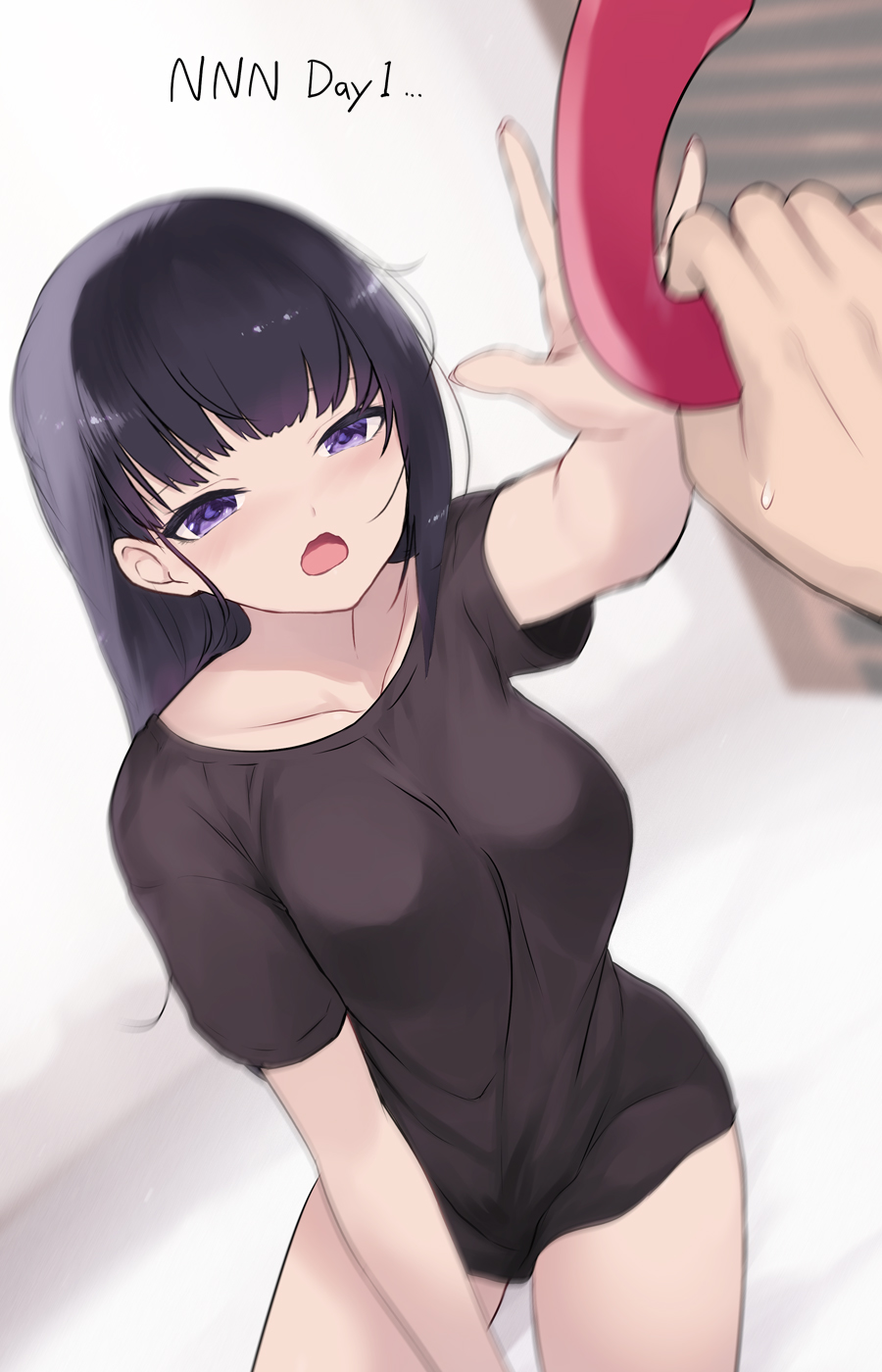 1girl black_hair black_shirt blurry blurry_background breasts cait_aron collarbone eyebrows_hidden_by_hair foreshortening hand_up highres large_breasts long_hair looking_at_viewer motion_blur no_nut_november open_mouth original outstretched_arm purple_eyes raised_eyebrows shirt short_sleeves solo_focus thighs wavy_mouth