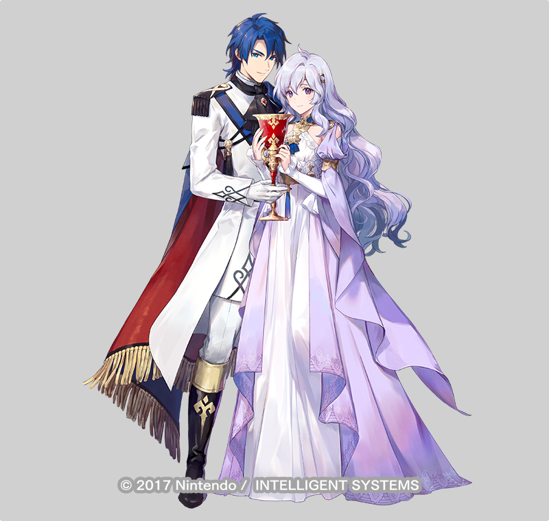 1boy 1girl azu-taro blue_eyes blue_hair boots cape chalice closed_mouth copyright_notice couple cup deirdre_(fire_emblem) deirdre_(masquerade)_(fire_emblem) dress fire_emblem fire_emblem:_genealogy_of_the_holy_war fire_emblem_heroes full_body gloves gradient_clothes gradient_dress grey_background hetero holding husband_and_wife knee_boots long_dress long_hair long_sleeves looking_at_viewer nintendo official_art pants purple_eyes purple_hair short_hair sigurd_(fire_emblem) sigurd_(masquerade)_(fire_emblem) smile standing white_dress white_gloves white_pants