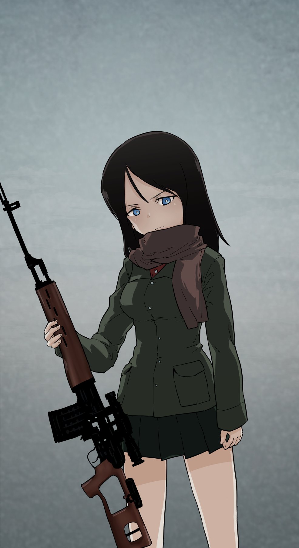 1girl black_hair blue_eyes breasts closed_mouth girls_und_panzer gun highres long_hair looking_at_viewer medium_breasts military_uniform monolith_(suibou_souko) nonna_(girls_und_panzer) pravda_military_uniform rifle scarf simple_background solo weapon