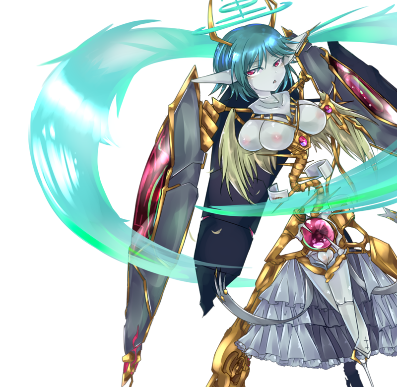 1girl angel angel_wings aqua_halo biblically_accurate_angel blue_hair colored_skin commentary_request core extra_breasts feathered_wings feet_out_of_frame gem gnosis_(mon-musu_quest!) gold_horns gold_trim grey_skin grey_skirt halo jitome light_blush looking_at_viewer mon-musu_quest! mon-musu_quest:_paradox multiple_halos pale_skin pippi_(ku_ro_do_zorizo_to) purple_gemstone pussy red_eyes shield_module short_hair simple_background skirt solo spine triangle_mouth uncensored white_background wind wings