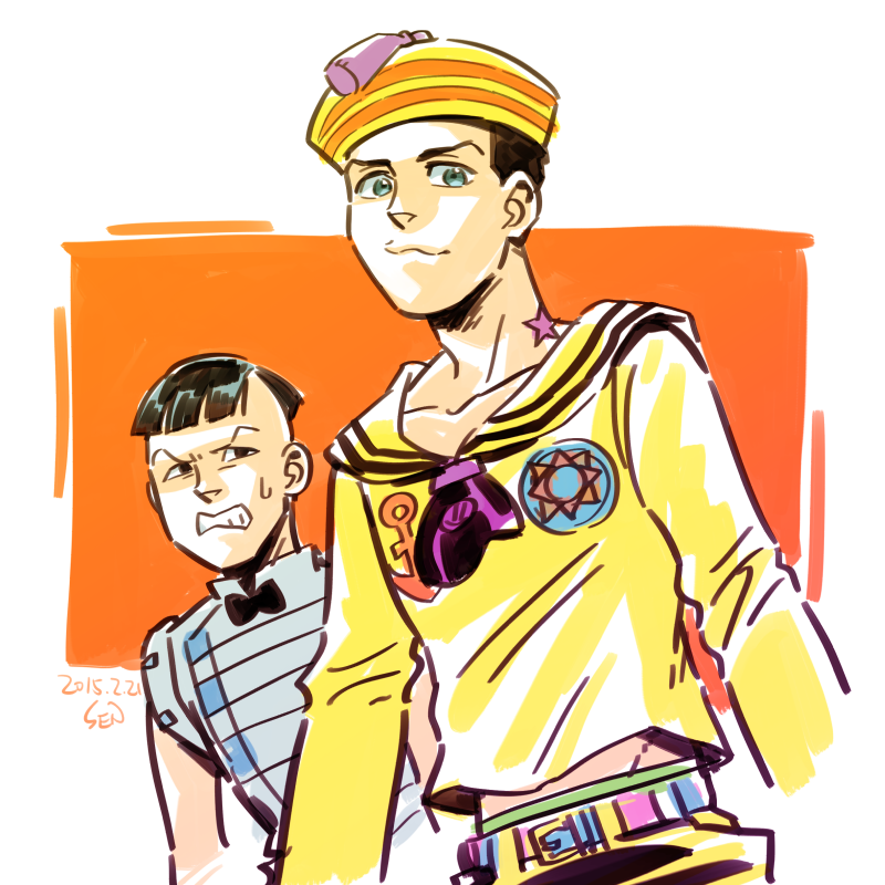 2015 2boys :3 anchor_symbol belt birthmark black_eyes black_hair blue_eyes bow bowtie compass dated dixie_cup_hat grimace hat higashikata_joshu higashikata_josuke_(jojolion) joestar_birthmark jojo_no_kimyou_na_bouken jojolion long_sleeves male_focus midriff military_hat multiple_boys patch sailor_collar sen_(pixiv111638) sleeveless smile star_(symbol) teeth undercut