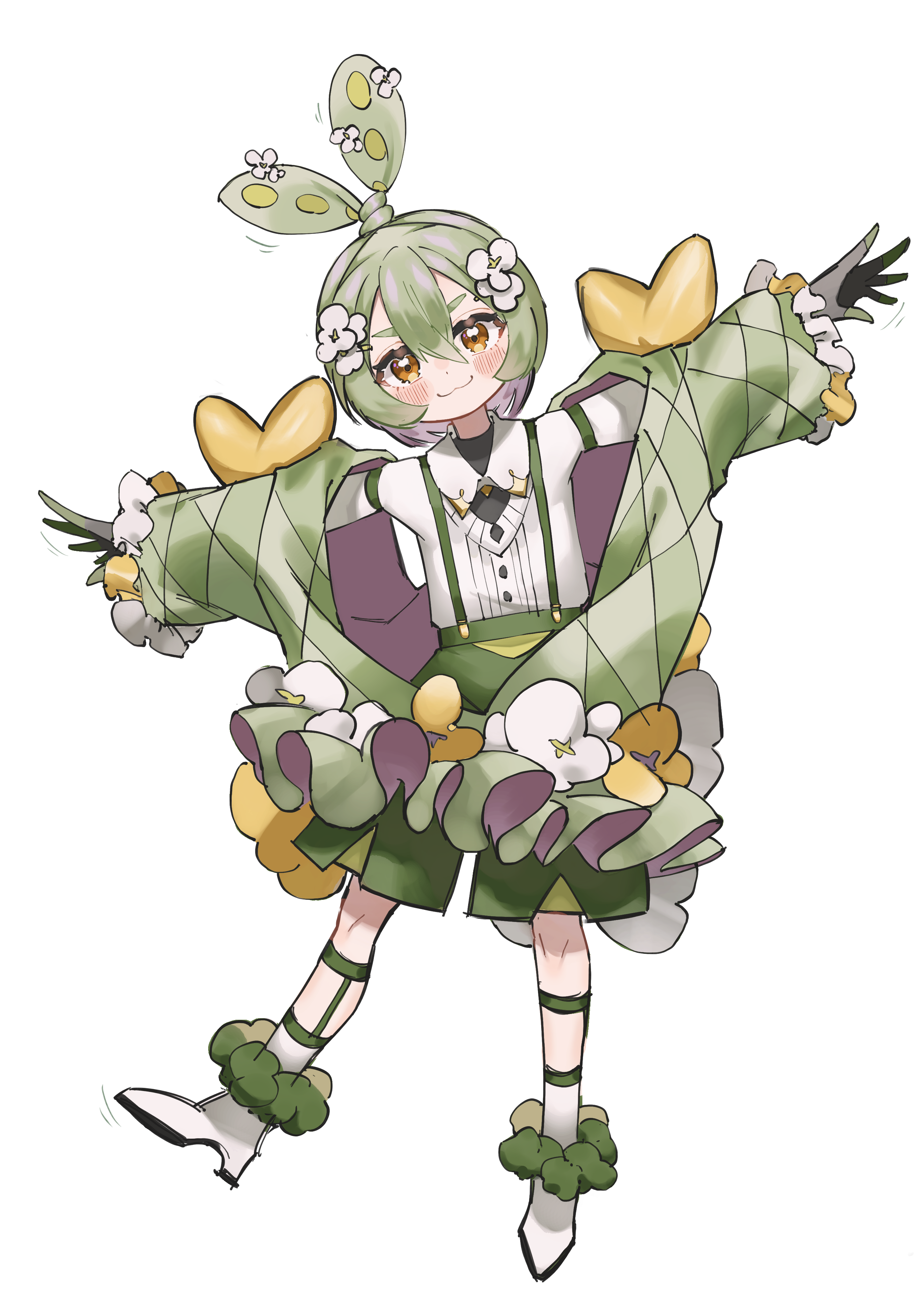 1girl :3 absurdres adapted_costume alternate_hair_length alternate_hairstyle black_gloves blush boots bow-shaped_hair closed_mouth collared_shirt commentary_request flower full_body gloves green_hair green_jacket green_shorts green_socks hair_flower hair_ornament high_heel_boots high_heels highres hiragi_sage jacket leaning_to_the_side legwear_garter long_sleeves looking_at_viewer orange_eyes outstretched_arms partially_unzipped ribbed_shirt shirt shirt_tucked_in short_hair shorts simple_background smile socks solo spread_arms standing standing_on_one_leg suspender_shorts suspenders voicevox white_boots white_flower white_shirt zundamon