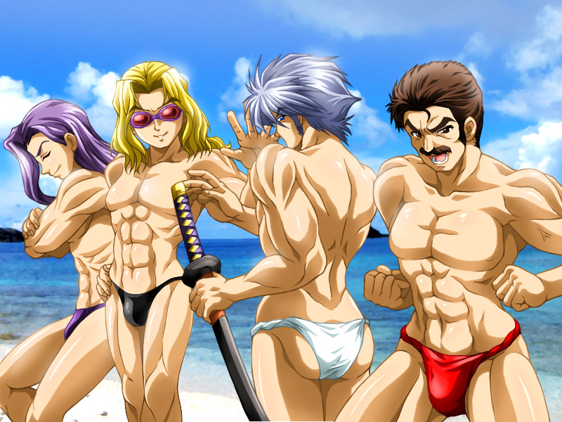 4boys abs banpresto beach black_male_swimwear black_swim_briefs fundoshi gilliam_yeager gluteal_fold japanese_clothes kai_kitamura katana long_hair majin_go! male_focus male_swimwear manly multiple_boys pectorals pectorals purple_male_swimwear purple_swim_briefs ratsel_feinshmecker red_fundoshi red_male_swimwear sanger_zonvolt super_robot_wars super_robot_wars_original_generation swim_briefs swimsuit sword tagme weapon white_male_swimwear