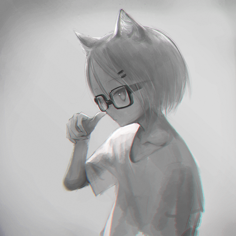 1girl animal_ears cat_ears cat_girl closed_mouth finger_to_own_nose glasses greyscale hair_between_eyes hair_ornament hairclip monochrome original shirt short_hair short_sleeves simple_background solo t-shirt upper_body yasushi