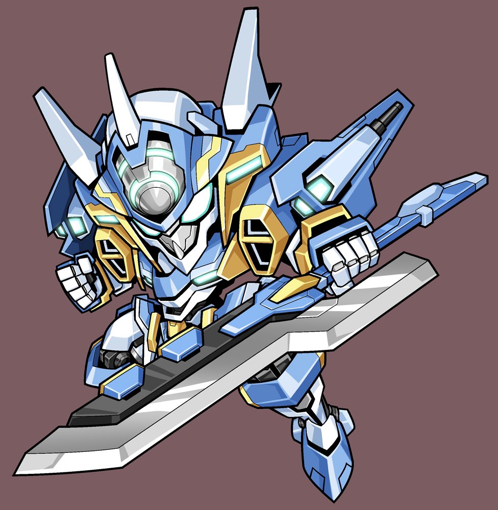 chibi clenched_hand fujisawa_naoyuki glowing glowing_eyes gundam holding holding_sword holding_weapon looking_at_viewer mecha no_humans original robot science_fiction solo standing sword weapon white_eyes