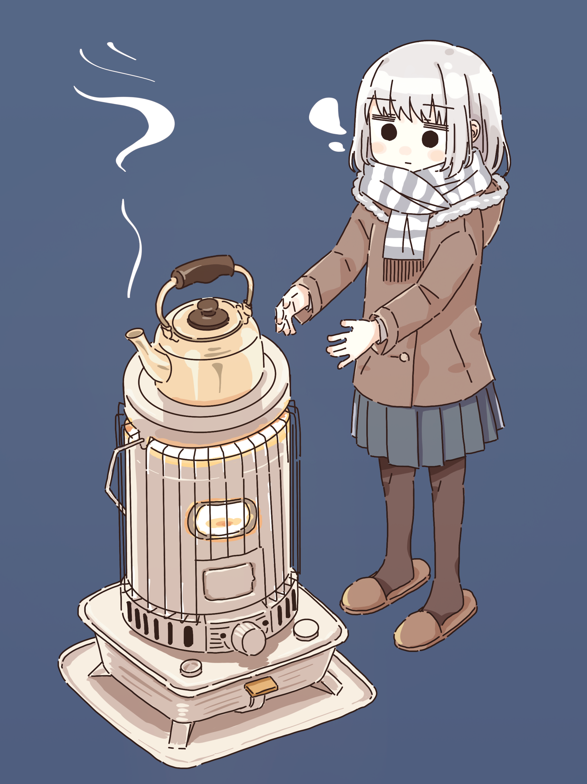 1girl absurdres black_eyes blue_background blue_skirt blush breath brown_coat brown_pantyhose closed_mouth coat commentary_request dolphilia empty_eyes expressionless full_body fur-trimmed_coat fur_trim grey_hair grey_scarf highres hood hood_down hooded_coat kerosene_heater long_sleeves medium_hair original outstretched_arms pantyhose pleated_skirt scarf simple_background skirt slippers solo standing steam striped_clothes striped_scarf teapot warming_hands winter_clothes
