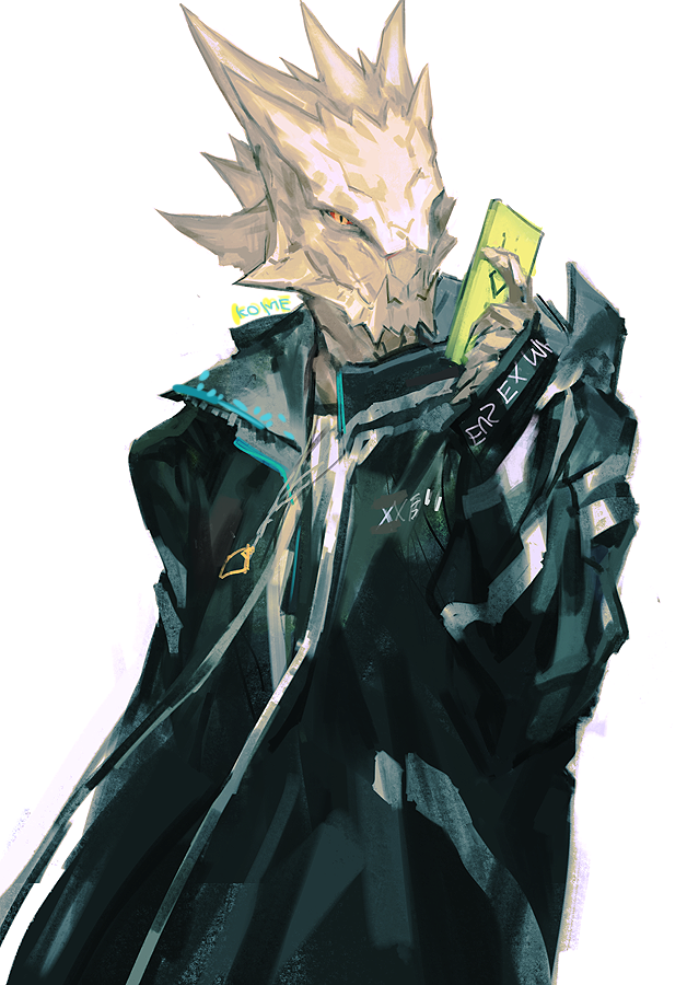 12f_(arknights) 1boy arknights cellphone coat frischenq holding holding_phone lizard long_sleeves looking_at_viewer male_focus orange_eyes phone simple_background solo white_background
