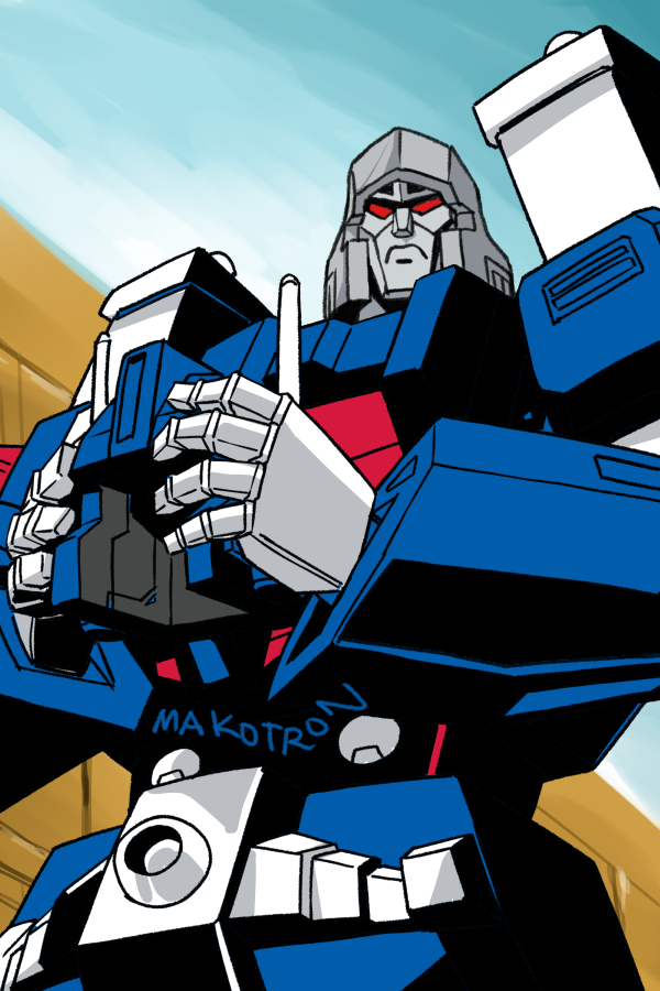 artist_name commentary cosplay frown helmet holding holding_helmet looking_ahead makoto_ono mecha mecha_focus megatron no_humans red_eyes robot science_fiction sky transformers transformers:_generation_1 ultra_magnus ultra_magnus_(cosplay) unworn_headwear unworn_helmet