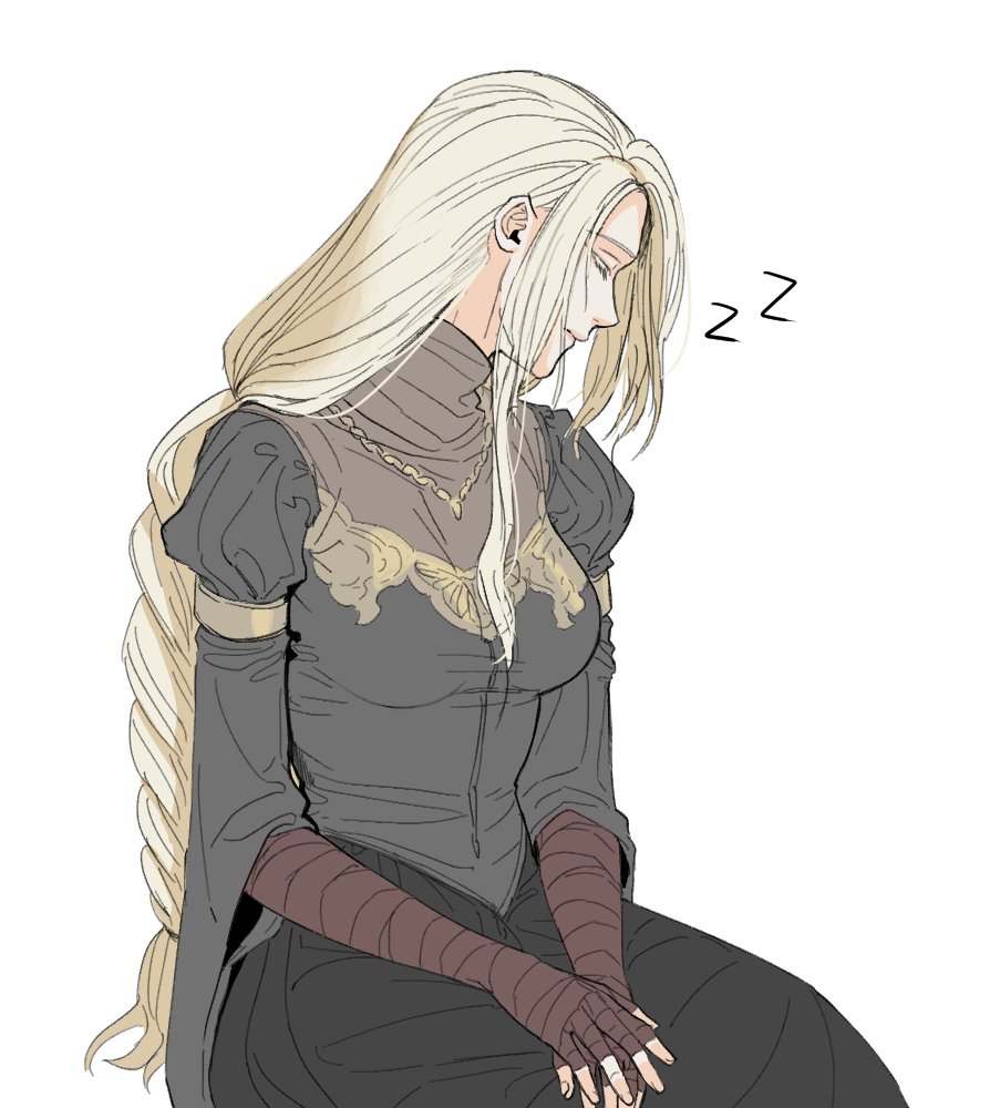 1girl bandaged_arm bandages black_dress blonde_hair closed_eyes closed_mouth commentary_request dark_souls_(series) dark_souls_iii dress fire_keeper invisible_chair korean_commentary long_hair own_hands_together profile simple_background sitting sleeping solo very_long_hair white_background xxq_002 zzz