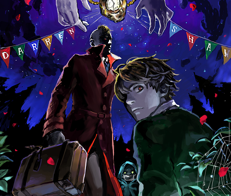 3boys black_hair cloak coat colored_skin darren_shan grey_skin harkat_mulds holding holding_suitcase hood hood_up hooded_cloak larten_crepsley long_coat multiple_boys night night_sky orange_hair red_coat red_eyes short_hair sky stitched_face stitches suitcase the_saga_of_darren_shan