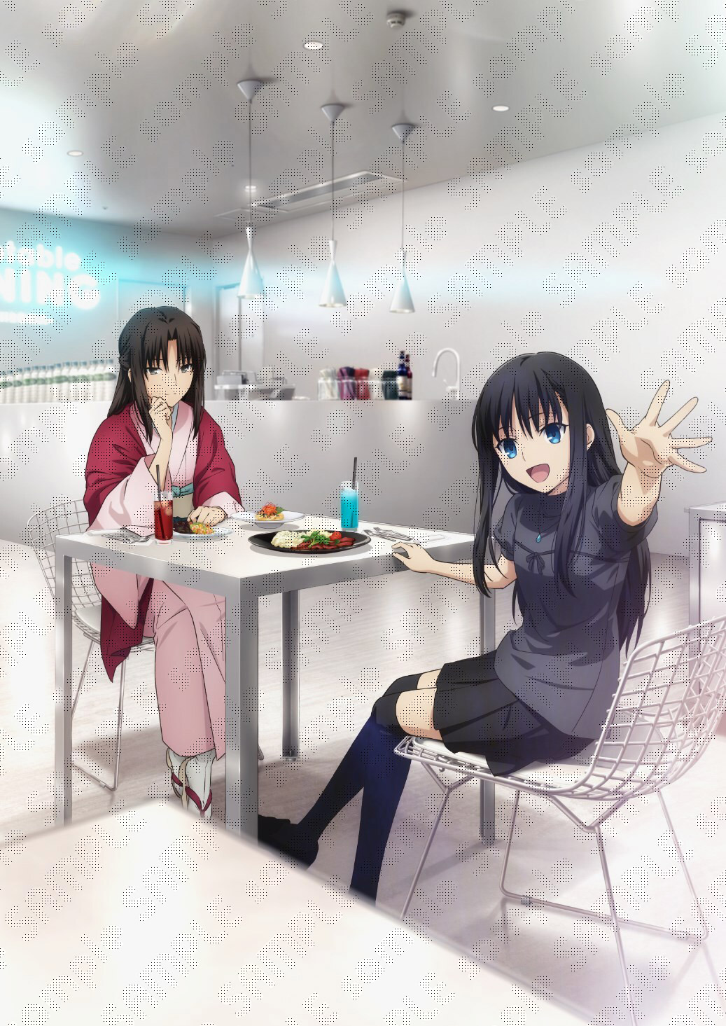2girls black_hair blue_eyes food grey_eyes haori highres japanese_clothes jewelry kara_no_kyoukai kimono long_hair looking_at_viewer mother_and_daughter multiple_girls necklace official_art open_mouth pink_kimono plate restaurant ryougi_mana ryougi_shiki skirt smile thighhighs waving
