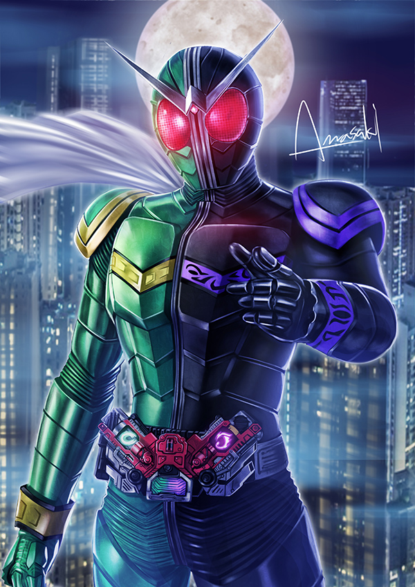 1boy amasaki_yusuke antennae armor belt black_armor cityscape compound_eyes cowboy_shot double_driver full_moon gaia_memory glowing glowing_eyes green_armor helmet kamen_rider kamen_rider_double kamen_rider_w looking_at_viewer male_focus moon pointing red_eyes rider_belt scarf solo standing tokusatsu