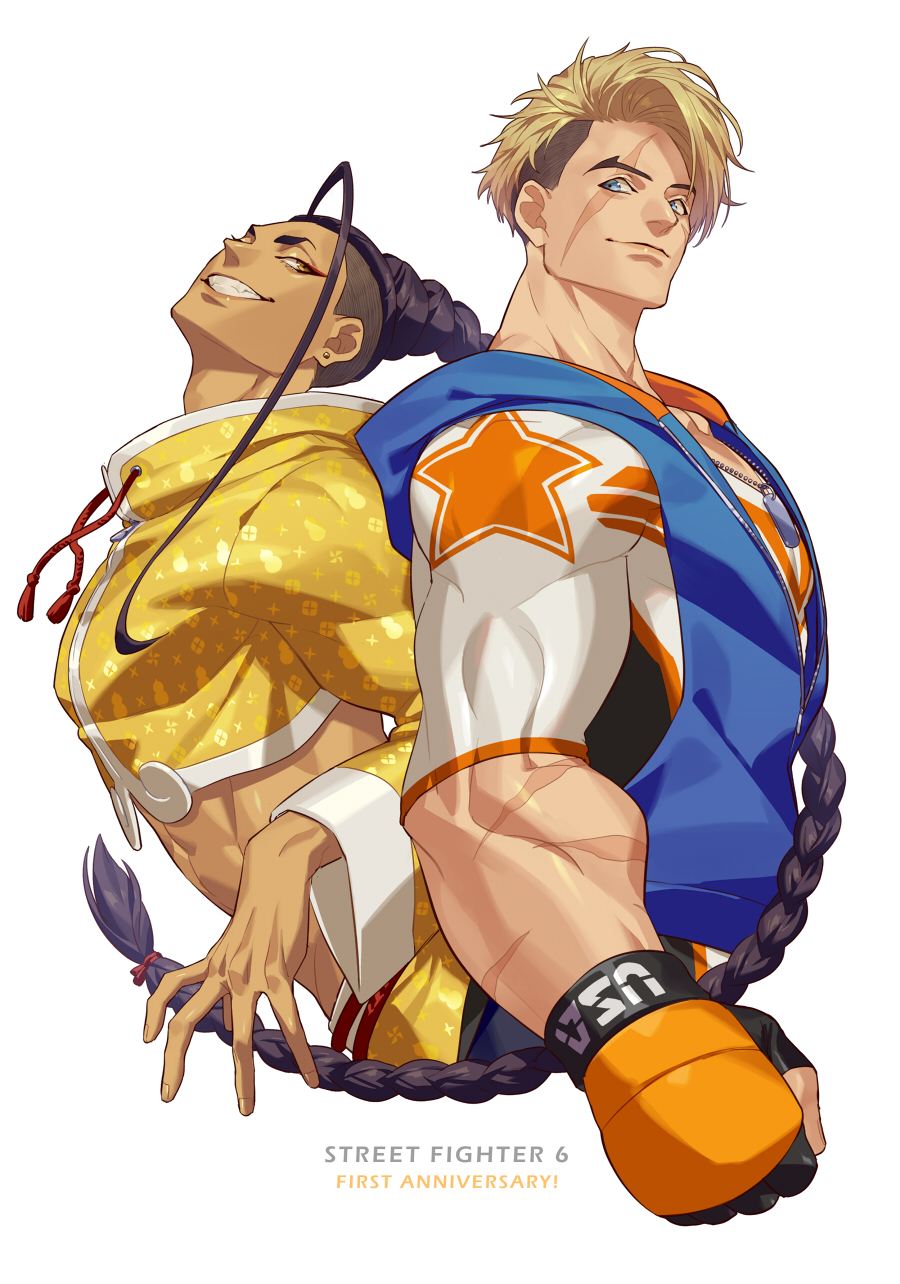 2boys abs absurdly_long_hair anniversary arched_back back-to-back blonde_hair blue_eyes blue_hoodie braid brown_hair closed_mouth collared_jacket commentary copyright_name cropped_jacket cropped_legs dark-skinned_male dark_skin drawstring ear_piercing earrings english_text eyeliner fingerless_gloves forked_eyebrows gloves grin hair_tie highres hood hood_down hoodie jacket jamie_siu jewelry long_bangs long_braid long_hair looking_at_another luke_sullivan makeup male_focus midriff mma_gloves multicolored_gloves multicolored_jacket multiple_boys muscular muscular_male patterned_clothing piercing print_shirt red_eyeliner scar scar_across_eye scar_on_face shirt single_bang single_braid smile star_(symbol) street_fighter street_fighter_6 talgi teeth two-sided_hoodie unzipped very_long_hair white_shirt white_trim wide_sleeves yellow_jacket