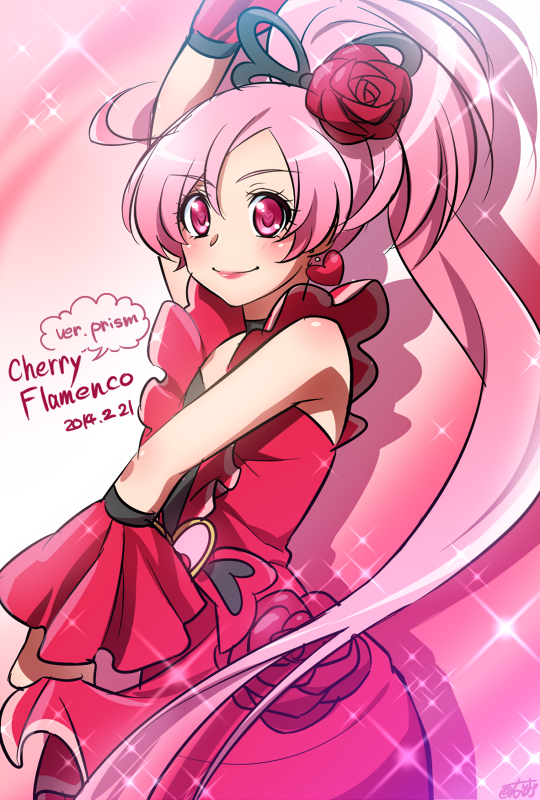 0417nao 10s 1girl 2014 aino_hikaru_(0417nao) bad_id bad_pixiv_id brooch character_name cosplay cure_lovely cure_lovely_(cherry_flamenco) cure_lovely_(cosplay) cure_prism_(0417nao) dated dress earrings female_focus flower hair_flower hair_ornament happinesscharge_precure! heart heart_brooch high_ponytail jewelry lipstick long_hair magical_girl makeup original pink_background pink_eyes pink_hair ponytail precure red_dress red_flower red_rose rose smile solo sparkle wide_ponytail wrist_cuffs