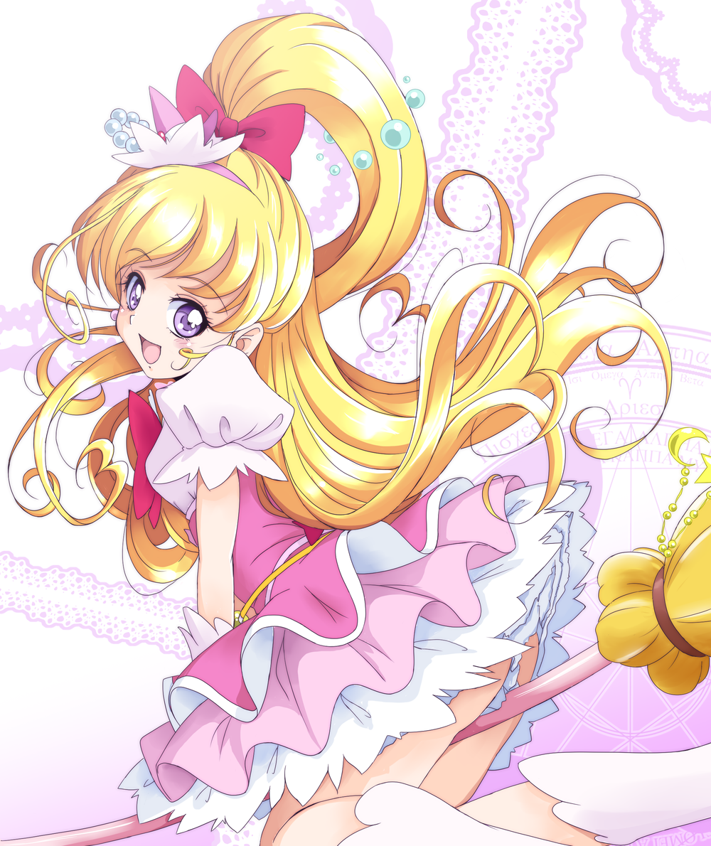 1girl :d amraam120c asahina_mirai blonde_hair bow bowtie broom broom_riding cure_miracle from_side gradient_background hair_bow hat high_ponytail kneeling lace long_hair looking_at_viewer magical_girl mahou_girls_precure! mini_hat open_mouth pink_skirt pleated_skirt ponytail precure puffy_short_sleeves puffy_sleeves purple_eyes shirt short_sleeves skirt smile solo underbust white_shirt white_skirt witch_hat