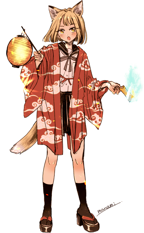 1girl animal_ear_fluff animal_ears artist_name black_sailor_collar black_skirt black_socks blush brown_eyes brown_hair brown_sandals burning buttons cloud_print commentary_request fire fox_ears fox_girl fox_tail full_body green_fire grey_ribbon haori holding holding_lantern holding_ofuda japanese_clothes lantern long_sleeves looking_at_viewer neck_ribbon ofuda okobo open_mouth original paper_lantern platform_sandals pleated_skirt print_haori red_haori ribbon sailor_collar sandals school_uniform serafuku shirt short_hair signature simple_background skirt socks solo split_mouth standing sugano_manami tail white_background white_shirt wide_sleeves