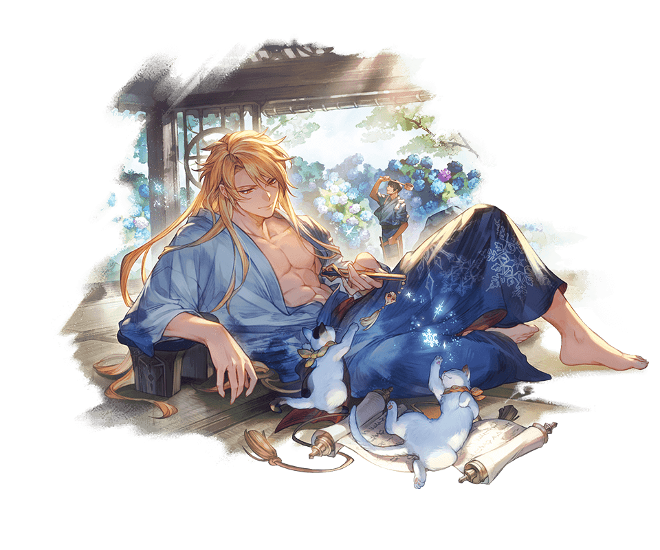 2boys abs aglovale_(granblue_fantasy) aglovale_(yukata)_(granblue_fantasy) arm_support barefoot blonde_hair cat collarbone folded_fan folding_fan granblue_fantasy hand_fan holding holding_fan japanese_clothes long_hair lying multiple_boys official_art on_side open_clothes red_eyes sidelocks solo_focus third-party_source white_background