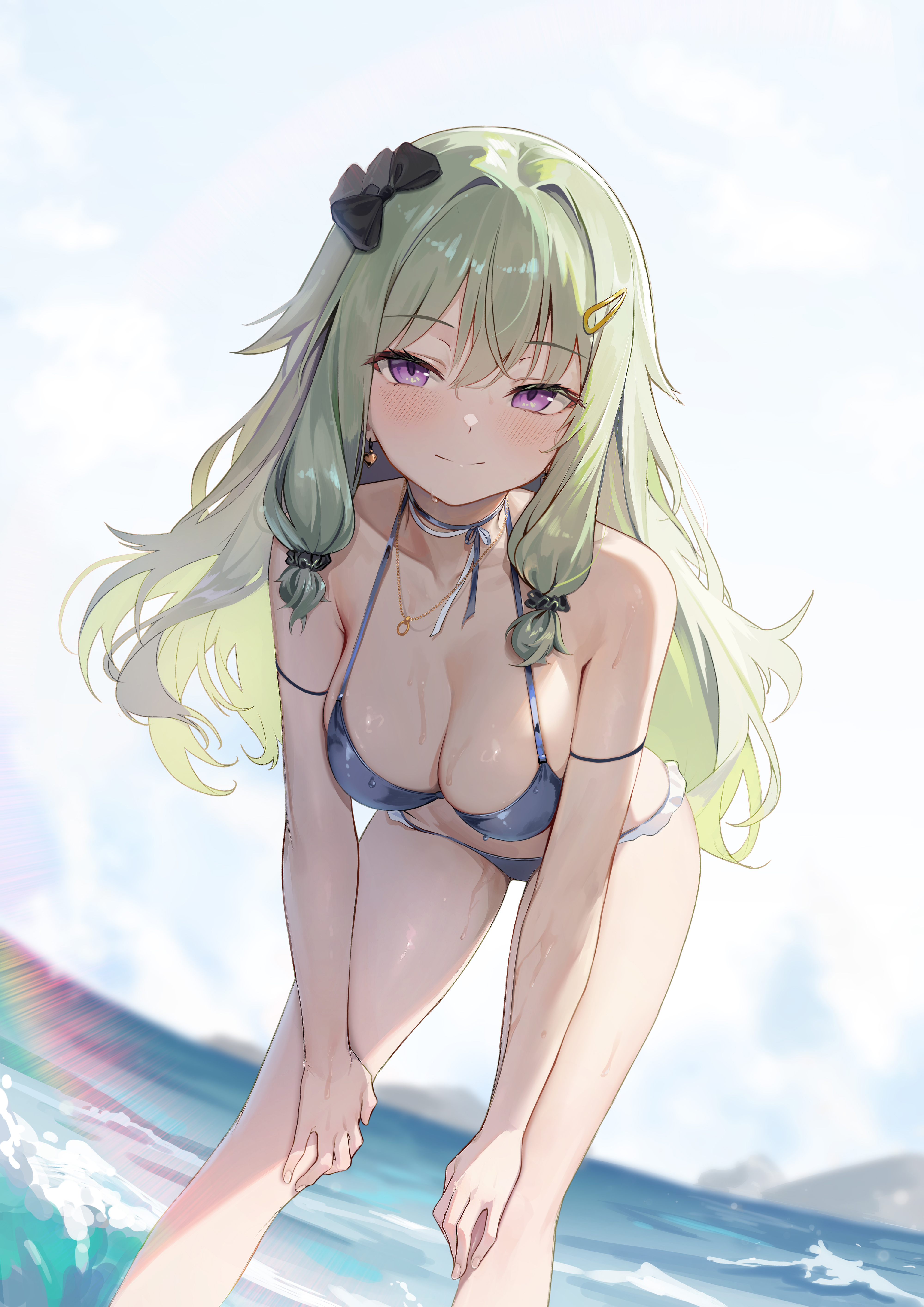 1girl absurdres bent_over bikini blue_bikini bow breasts cleavage closed_mouth dampi day feet_out_of_frame green_hair hair_bow hair_ornament hair_scrunchie hairclip halterneck hands_on_own_knees highres kusanagi_nene large_breasts long_hair ocean outdoors project_sekai purple_eyes scrunchie smile solo swimsuit very_long_hair wet