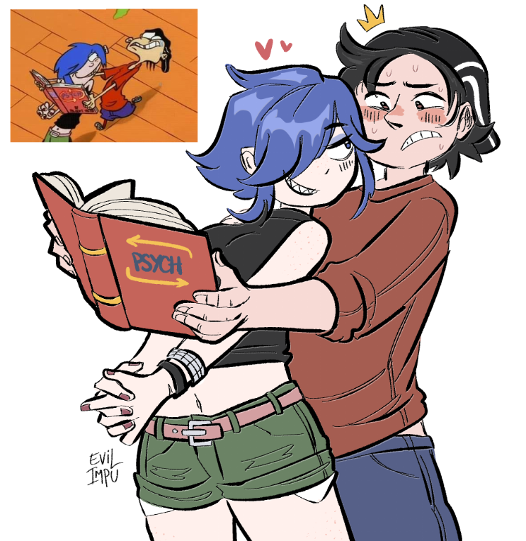 1boy 1girl black_tank_top blue_eyes blue_hair derivative_work ed_edd_n_eddy edd_(ed_edd_n_eddy) evilimpu flirting goth_fashion green_shorts hair_over_one_eye marie_kanker midriff navel screenshot_redraw short_hair shorts tank_top textbook