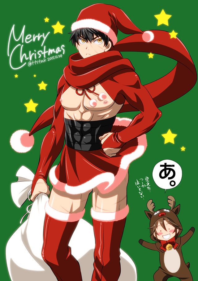 10s 2boys animal_costume antlers black_hair brown_hair closed_eyes doudanuki_masakuni green_background hand_on_own_hip hat horns multiple_boys otegine pectorals reindeer_antlers reindeer_costume santa_costume santa_hat shrug_(clothing) simple_background skirt thighhighs topless_male touken_ranbu wauwa yellow_eyes