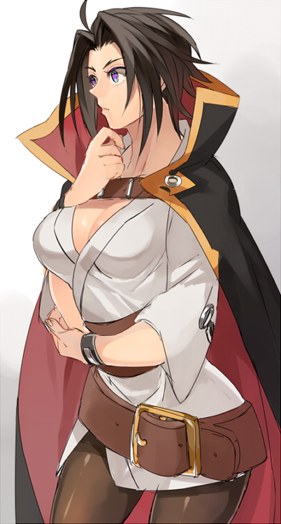 1girl belt black_hair blazblue breasts brown_hair cape cleavage female_focus forked_eyebrows genderswap genderswap_(mtf) kagura_mutsuki large_breasts purple_eyes short_hair solo standing tomo_(tomorag7)