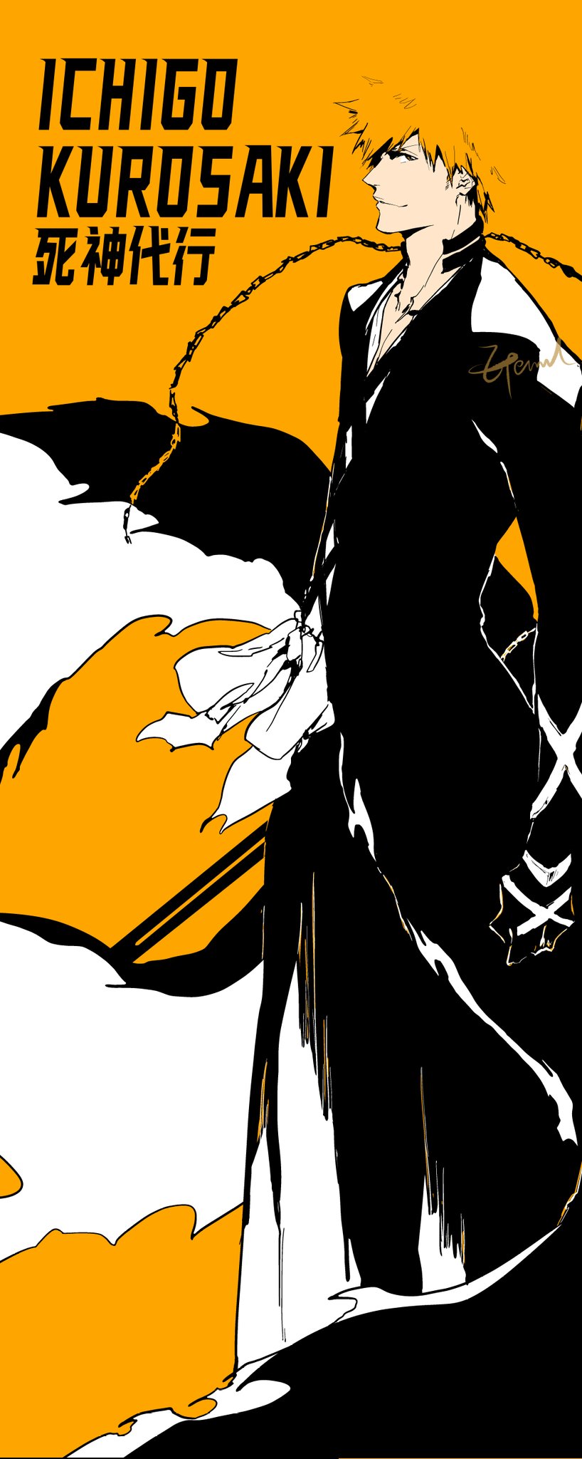 1boy bankai bleach braised_goose brown_eyes chain character_name hakama highres holding holding_sword holding_weapon japanese_clothes kurosaki_ichigo limited_palette male_focus obi orange_hair orange_theme sash sideways_glance signature smile solo sword tensa_zangetsu_(bankai) weapon