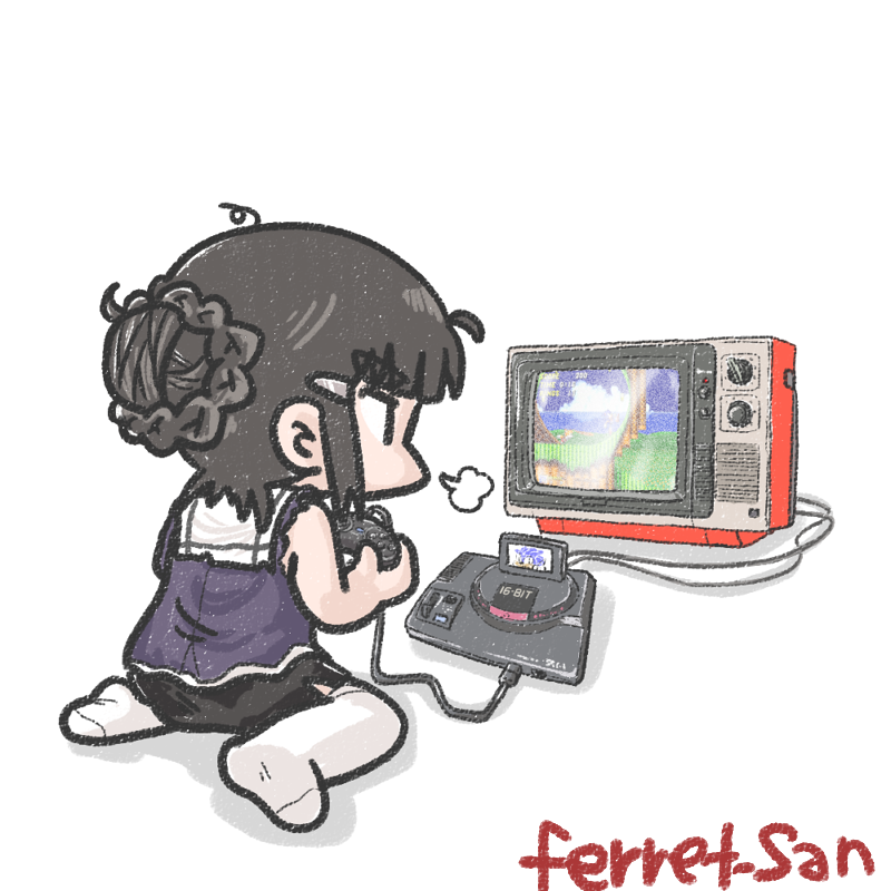 1girl black_hair black_skirt braid braided_bun commentary_request controller crt ferretsan7 from_behind game_cartridge game_console game_controller hair_bun kantai_collection long_hair military military_uniform myoukou_(kancolle) myoukou_kai_ni_(kancolle) one-hour_drawing_challenge pantyhose playing_games puff_of_air sailor_collar sega sega_mega_drive simple_background single_hair_bun sitting skirt soles solo sonic_(series) sonic_the_hedgehog_(classic) sonic_the_hedgehog_1 sonic_the_hedgehog_2 television torn_clothes twitter_username wariza white_background white_pantyhose white_sailor_collar