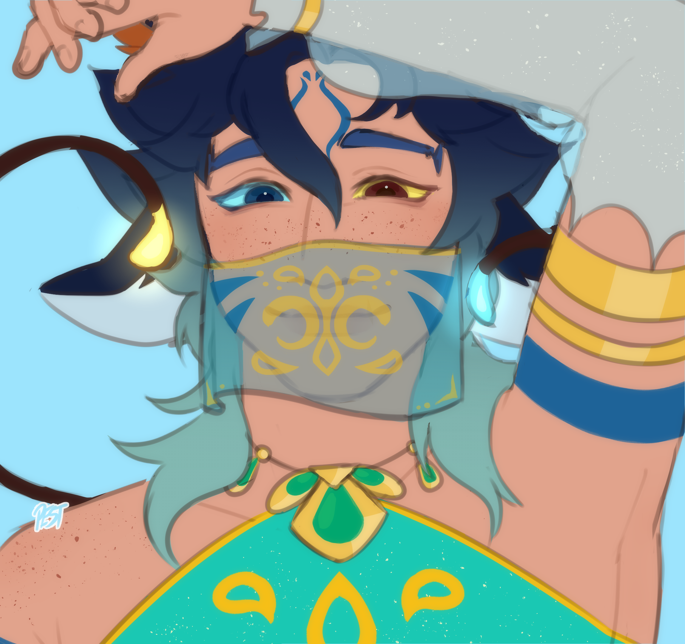1boy accessories animal_ear_fluff animal_ears blue_eyes closed_mouth commission freckles gypsy highres long_hair looking_at_viewer simple_background sketch solo upper_body yellow_eyes