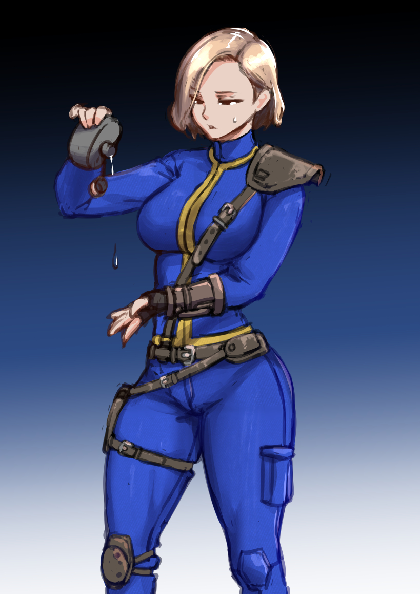1girl armor belt black_eyes black_gloves blonde_hair blue_bodysuit bodysuit breasts fallout fallout_3 fingerless_gloves flask gloves gradient_background holding holding_flask knee_pads large_breasts leather_armor lone_wanderer looking_down mxgh4344 parted_lips pip_boy pocket pouch short_hair shoulder_armor simple_background solo standing sweatdrop thigh_strap turtleneck vault_suit water_drop