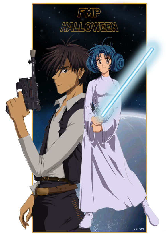 1boy 1girl blaster_(star_wars) chidori_kaname cosplay crossover double_bun donut_hair_bun energy_sword full_metal_panic! gun hair_bun han_solo han_solo_(cosplay) harrison_ford lightsaber parody princess_leia_(cosplay) princess_leia sagara_sousuke star_wars sword weapon