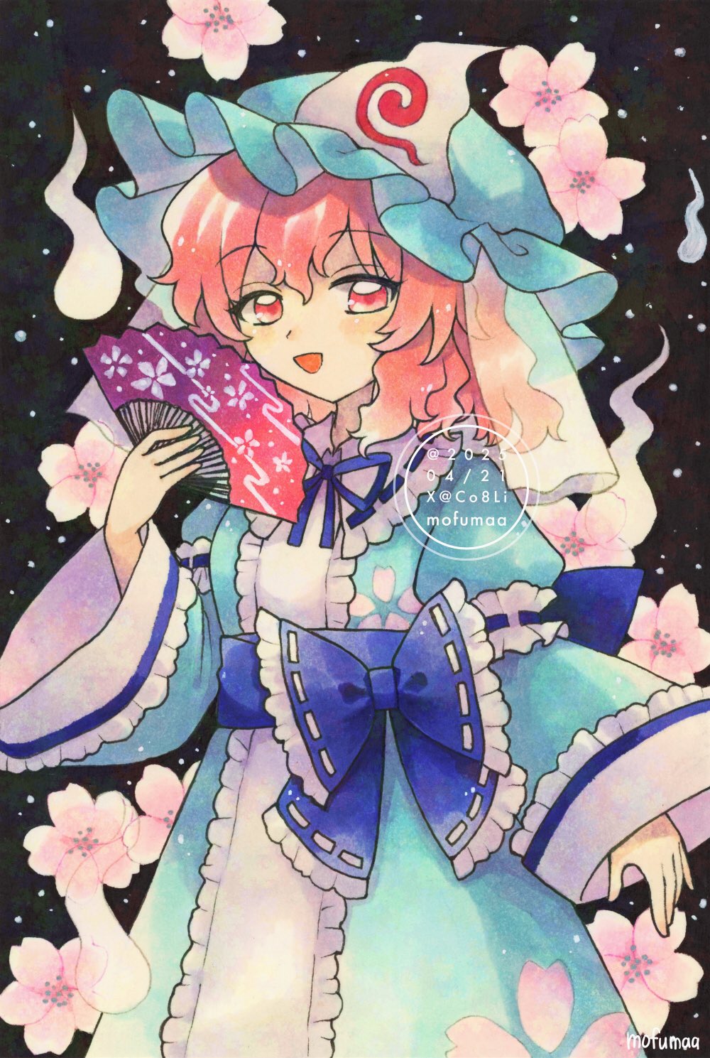1girl artist_name blue_hat blue_kimono blue_ribbon blush breasts cherry_blossoms commentary dated falling_flower flower folding_fan frilled_kimono frills hand_fan hashtag-only_commentary hat highres hitodama holding holding_fan japanese_clothes kimono long_hair long_sleeves looking_at_viewer maa_(forsythia1729) mob_cap neck_ribbon open_mouth petal_print pink_eyes pink_flower pink_hair print_kimono ribbon saigyouji_yuyuko sleeve_garter smile solo touhou traditional_media triangular_headpiece twitter_username watermark wide_sleeves