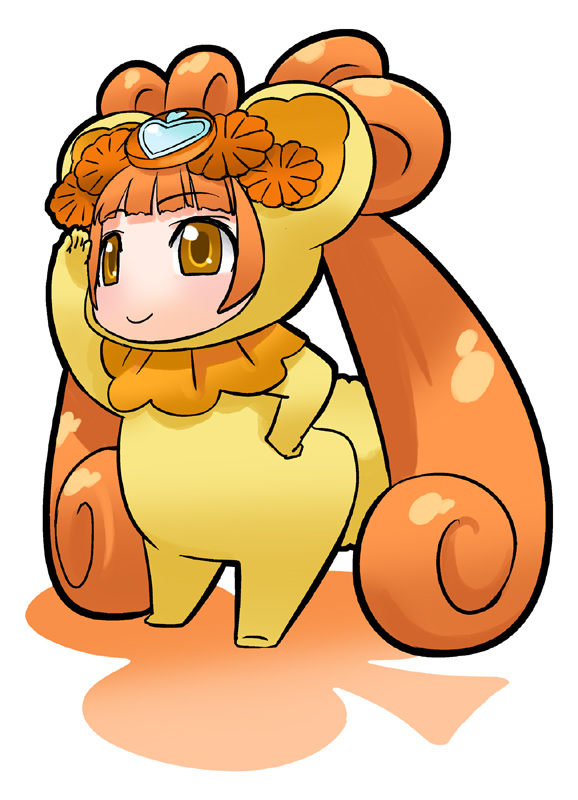 1girl arm_up brown_eyes brown_hair chibi clover clubs cosplay cure_rosetta dokidoki!_precure female_focus full_body hirai_yukio long_hair looking_afar precure rance_(dokidoki!_precure) rance_(dokidoki!_precure)_(cosplay) simple_background smile solo standing twintails white_background yotsuba_alice
