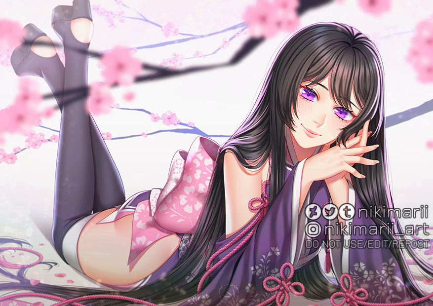 1girl artist_name black_footwear black_hair black_thighhighs blurry blurry_foreground bow commentary deviantart_logo english_commentary flat_chest flower head_tilt instagram_logo long_hair looking_at_viewer lying nikimarii on_stomach original pink_bow pink_flower pink_lips platform_footwear purple_eyes smile solo the_pose thighhighs tumblr_logo twitter_logo very_long_hair