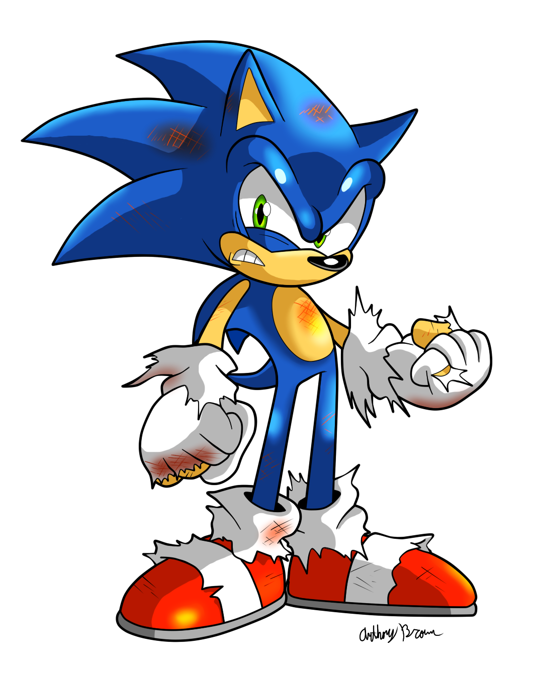 angry artist_name blue_fur destroyed_clothing gloves green_eyes hedgehog highres injury sega shoes socks sonic_(series) sonic_the_hedgehog torn_clothes torn_gloves torn_shoes torn_socks
