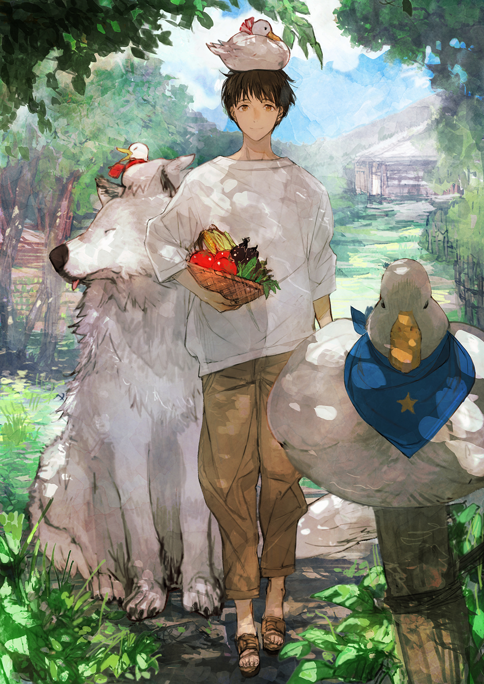 1boy animal animal_on_head bandana bandana_around_neck basket bird black_hair blue_sky brown_eyes brown_pants building cloud commentary_request dog duck food fruit full_body grass highres holding holding_basket looking_at_viewer on_head original outdoors pants shirt short_sleeves sitting sky slippers smile standing toi8 tree wariza white_shirt wolf