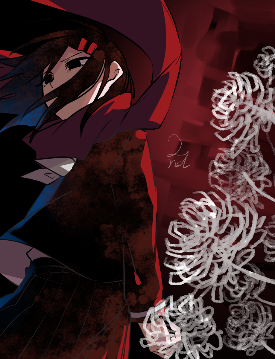 1girl arm_behind_back black_background black_eyes black_serafuku black_skirt brown_hair commentary_request covered_mouth cowboy_shot dark_background dirty dirty_clothes double-parted_bangs empty_eyes expressionless floating_hair floating_scarf flower from_side hair_between_eyes hair_ornament hairclip highres imouto_37 kagerou_project long_hair long_sleeves looking_afar neckerchief red_background red_scarf scarf school_uniform serafuku sidelighting signature single_stripe skirt solo spider_lily stain tateyama_ayano white_flower white_neckerchief white_spider_lily wind winter_uniform